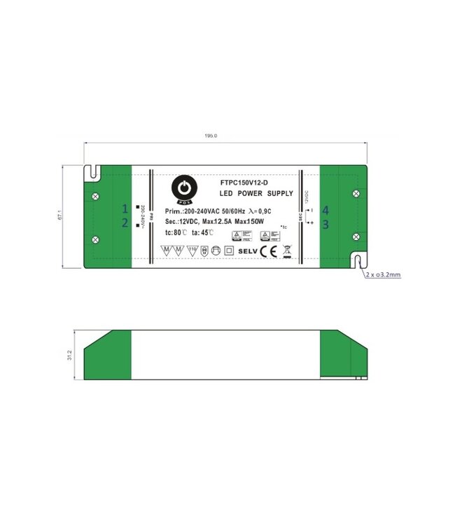 POS TRIAC Dimming Led Strip voeding 12V/132W/11A, Max: 106w, Dimbaar, Afm:170x57x31mm, 3 Jaar Garantie