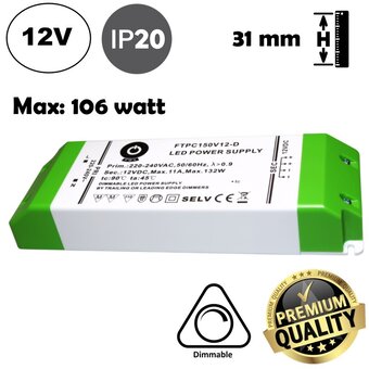 POS TRIAC Dimming Led Strip voeding 12V/132W/11A, Max: 106w, Dimbaar, Afm:170x57x31mm, 3 Jaar Garantie
