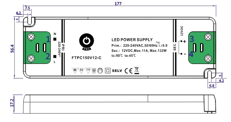 POS Premium Led Strip voeding 24V/150W/6,25A, Max: 120w, Afm:177x57x18mm, 3 Jaar Garantie, foto 3 van 3