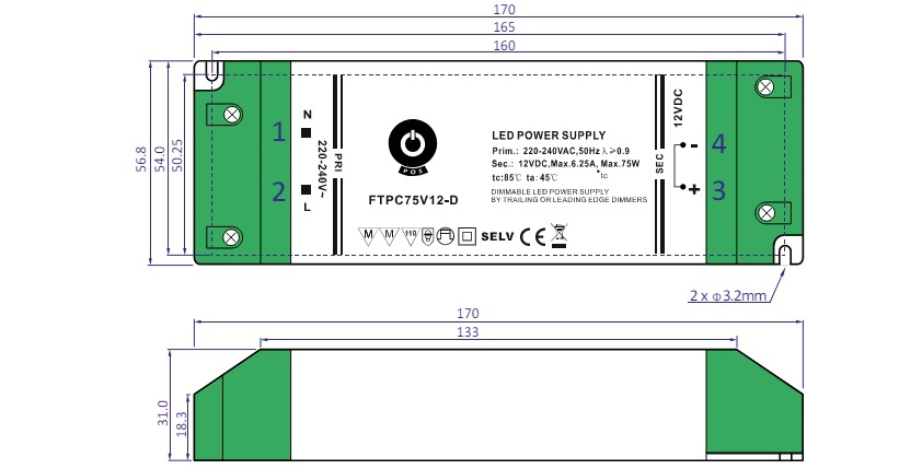 POS TRIAC Dimming Led Strip voeding 24V/75W/3A, Max: 60w, Dimbaar, Afm:170x58x31mm, 3 Jaar Garantie, foto 3 van 3