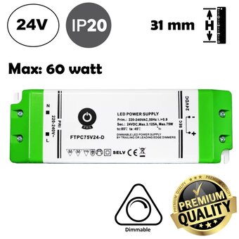 POS TRIAC Dimming Led Strip voeding 24V/75W/3A, Max: 60w, Dimbaar, Afm:170x58x31mm, 3 Jaar Garantie