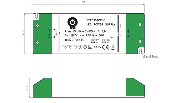 POS TRIAC Dimming Led Strip voeding 24V/150W/6,25A, Max: 120w, Dimbaar, Afm:170x58x31mm, 3 Jaar Garantie, foto 3 van 3