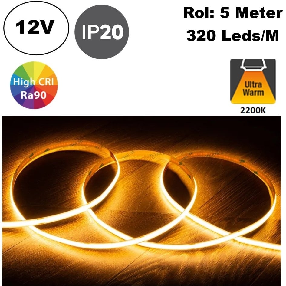 Led Strip ROL 5 Meter COB, 10w/m, 320 led/m, 880Lm/m, 2200K Flame, CRI90, 12v, IP33, 8mm, 2 Jaar garantie