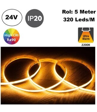 Led Strip ROL 5 Meter COB, 10w/m, 320 led/m, 880Lm/m, 2200K Flame, CRI90, 24v, IP33, 8mm, 2 Jaar garantie