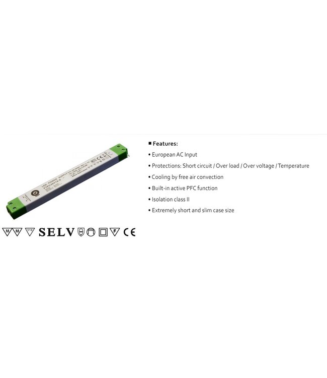 POS LongSlim Premium Led Strip voeding 12V/30W/2,5A, Max: 24w, Afm:251x30x16 mm, 3 Jaar Garantie