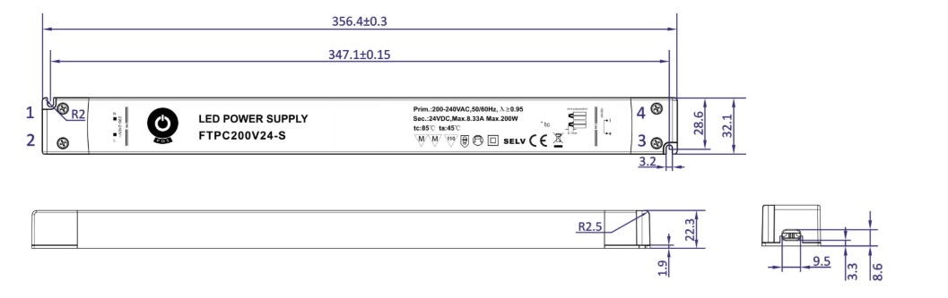 POS LongSlim Premium Led Strip voeding 12V/200W/11A, Max: 160w, Afm:356x32x22 mm, 3 Jaar Garantie, foto 2 van 4