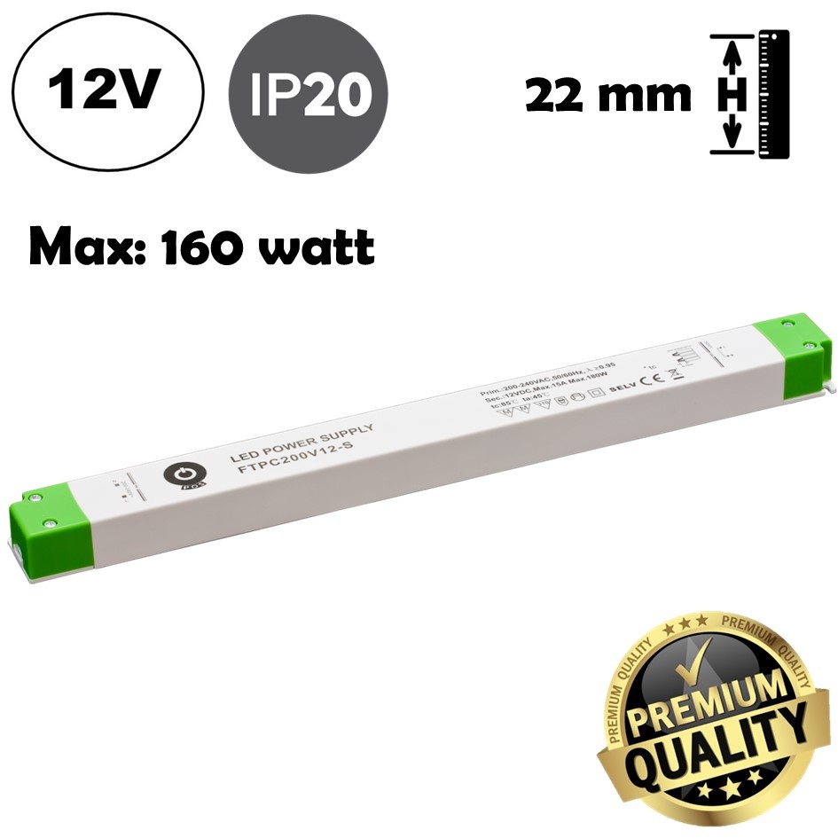 POS LongSlim Premium Led Strip voeding 12V/200W/11A, Max: 160w, Afm:356x32x22 mm, 3 Jaar Garantie