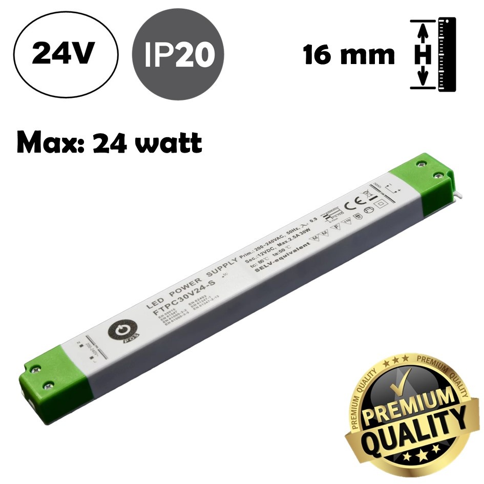 POS LongSlim Premium Led Strip voeding 24V/30W/1,25A, Max: 24w, Afm:251x30x16 mm, 3 Jaar Garantie