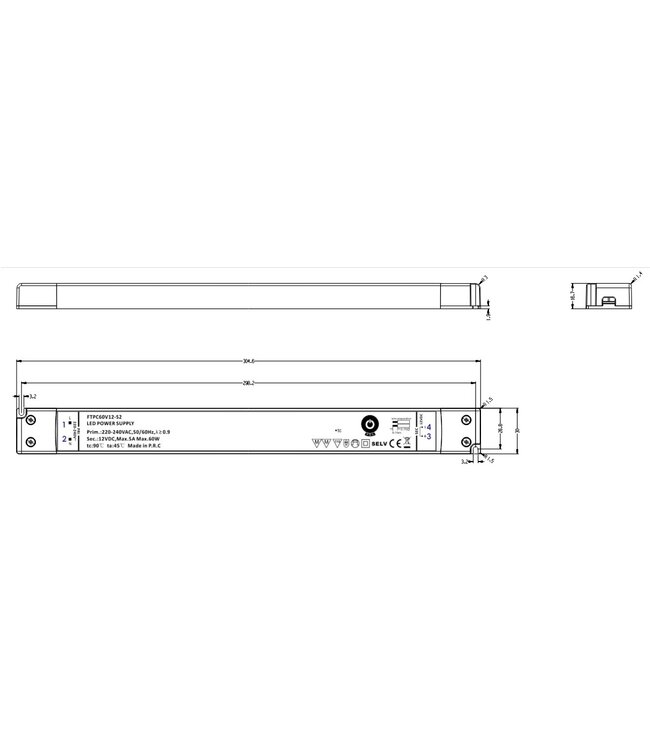 POS LongSlim Premium Led Strip voeding 24V/60W/2,5A, Max: 48w, Afm:305x30x17 mm, 3 Jaar Garantie