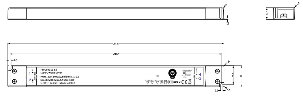 POS LongSlim Premium Led Strip voeding 24V/60W/2,5A, Max: 48w, Afm:305x30x17 mm, 3 Jaar Garantie, foto 2 van 4