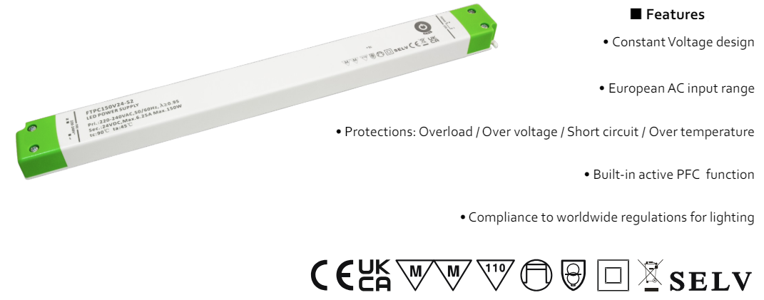 POS LongSlim Premium Led Strip voeding 24V/150W/6,25A, Max: 120w, Afm:321x30x18 mm, 3 Jaar Garantie, foto 2 van 4