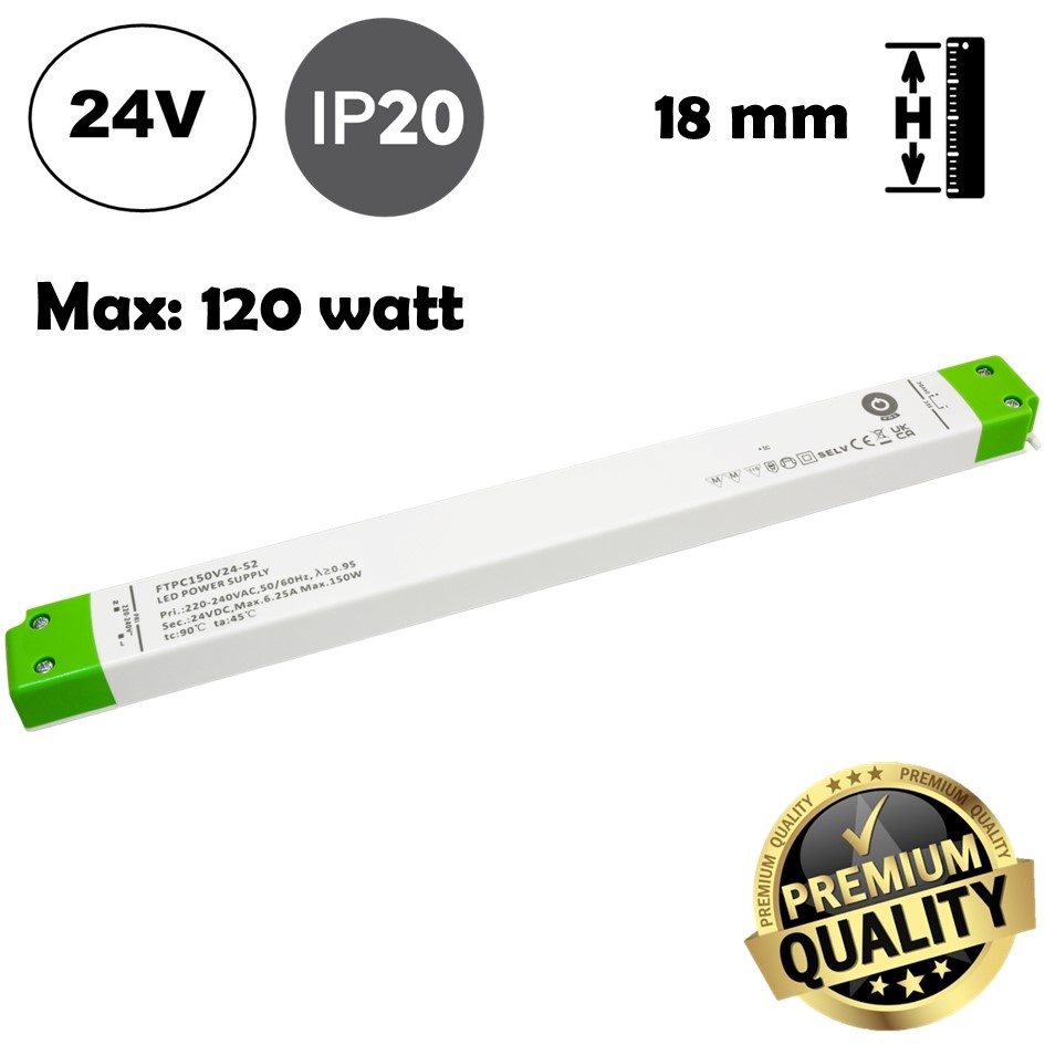 POS LongSlim Premium Led Strip voeding 24V/150W/6,25A, Max: 120w, Afm:321x30x18 mm, 3 Jaar Garantie