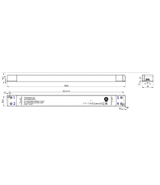 POS LongSlim Premium Led Strip voeding 24V/150W/6,25A, Max: 120w, Afm:321x30x18 mm, 3 Jaar Garantie