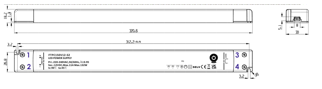 POS LongSlim Premium Led Strip voeding 24V/150W/6,25A, Max: 120w, Afm:321x30x18 mm, 3 Jaar Garantie, foto 4 van 4
