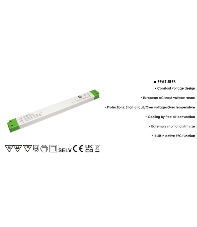 POS LongSlim Premium Led Strip voeding 24V/200W/8,33A, Max: 160w, Afm:356x32x22 mm, 3 Jaar Garantie