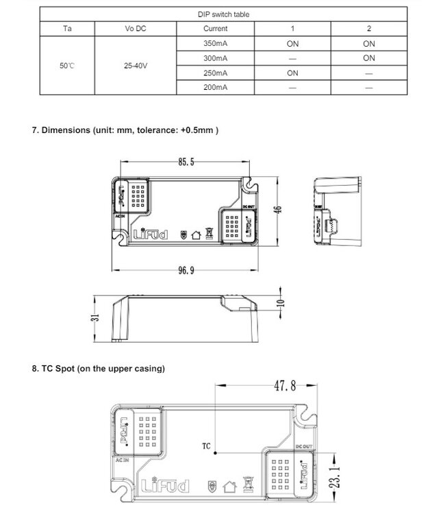 Lifud TRIAC LED Driver - Max 14 watt - DIP switch: 200-350Ma - 25-40vDC - 3 Jaar garantie