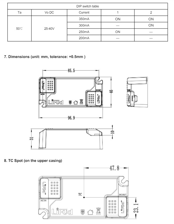 Lifud TRIAC LED Driver - Max 14 watt - DIP switch: 200-350Ma - 25-40vDC - 3 Jaar garantie, foto 2 van 4