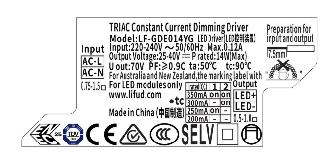 Lifud TRIAC LED Driver - Max 14 watt - DIP switch: 200-350Ma - 25-40vDC - 3 Jaar garantie, foto 3 van 4