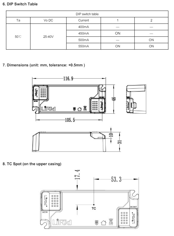 Lifud TRIAC LED Driver - Max 22 watt - DIP switch: 400-550Ma - 25-40vDC - 3 Jaar garantie, foto 2 van 4