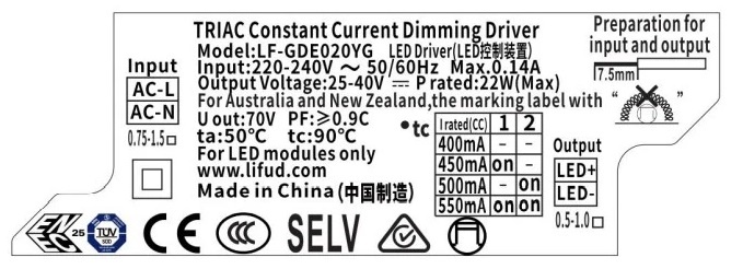 Lifud TRIAC LED Driver - Max 22 watt - DIP switch: 400-550Ma - 25-40vDC - 3 Jaar garantie, foto 4 van 4