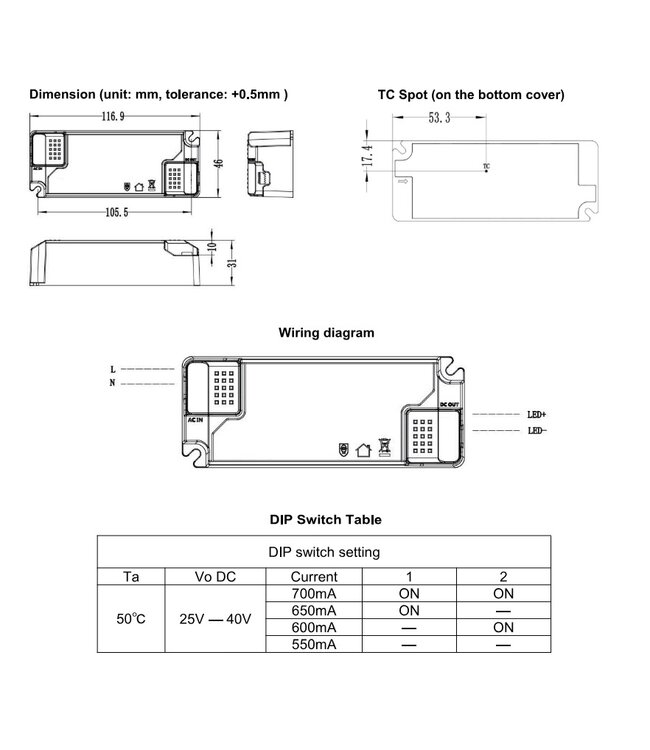 Lifud TRIAC LED Driver - Max 28 watt - DIP switch: 550-700Ma - 25-40vDC - 3 Jaar garantie
