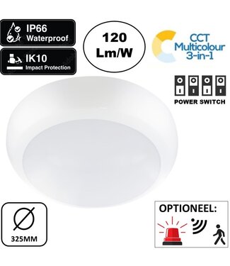 Tough Shell Led Plafonnière WIT, Wattage switch 8/12/16w , 960-1920 Lumen, Color Switch (3000/4000/6000K), IP66, IK10, Optioneel: Sensor en Noodaccu, 3 Jaar Garantie