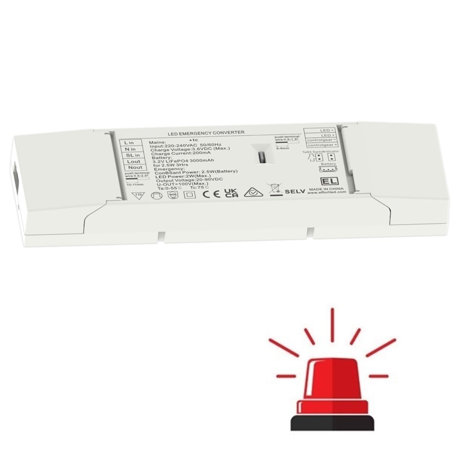 Universele Noodstroomaccu 2.5w, Output: 20-90VDC 3 branduren t.b.v. LED downlighters en LED Panelen, 2 Jaar Garantie