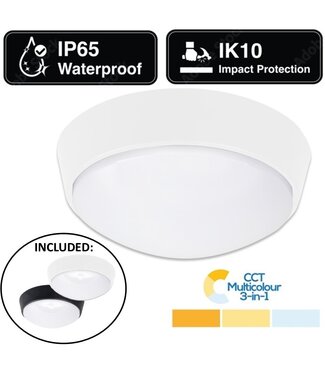 LED Plafonniere / Portiek Rond 10w, 1100 Lumen, CCT Instelbaar, Ø215mm, IK10, IP65, Incl. Wit en Zwart Bezel, 2 Jaar Garantie