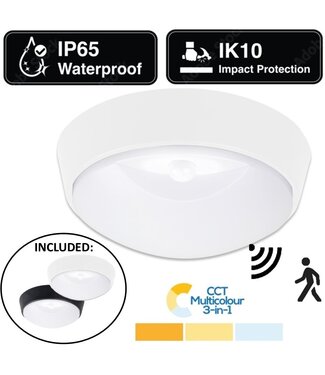 LED Plafonniere / Portiek Rond 10w met PIR Bewegingssensor, 1100 Lumen, CCT Instelbaar, 213x120mm, IK10, IP65, Incl. Wit en Zwart Bezel, 2 Jaar Garantie