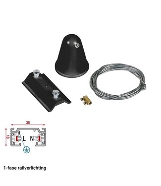 1 Fase Rail Ophangset met Plafondbeslag - Zwart - 2 Meter