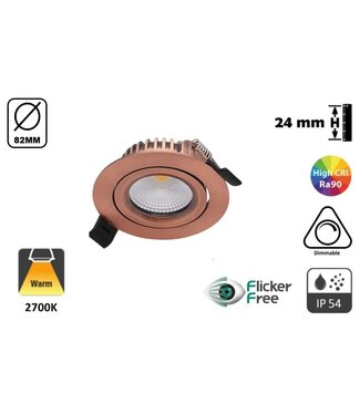 UITVERKOOP: Inbouw LED Spot 5w Flat, 420 Lumen, 2700K, Kantelbaar, IP44, Dimbaar, CRI90, Koper Armatuur, Gatmaat 72mm