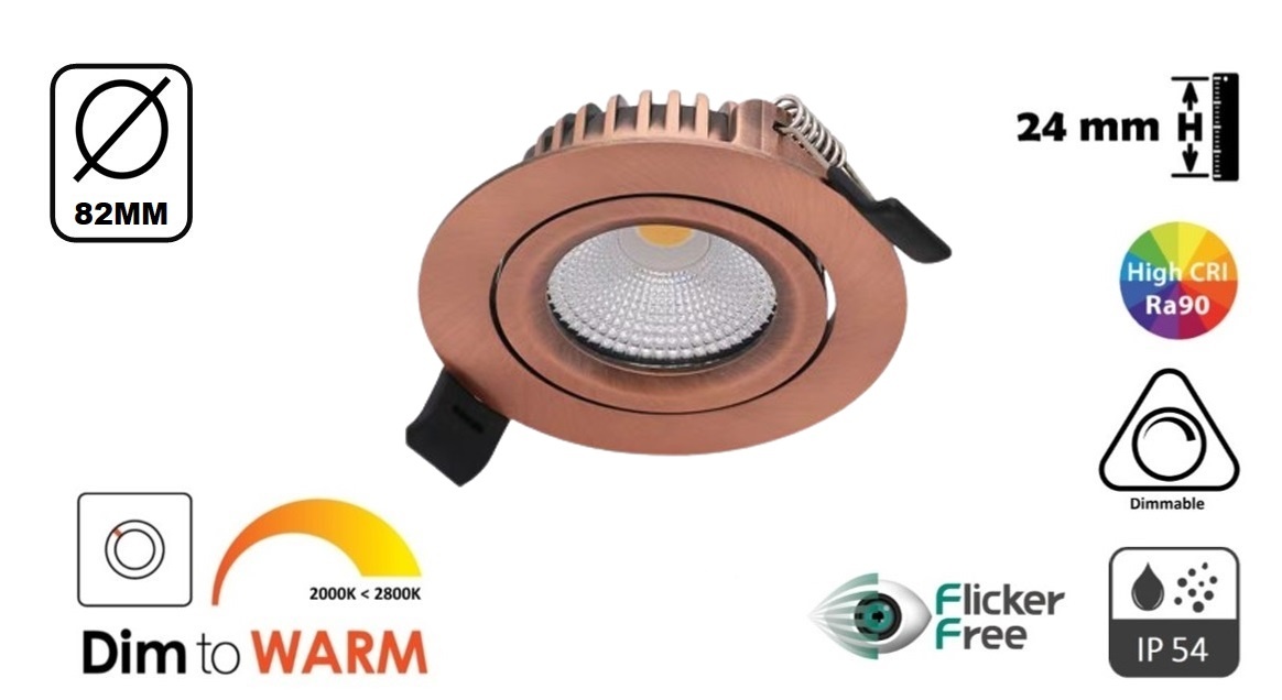 Inbouw LED Spot 5w Flat, 420 Lumen, Dim To Warm, Kantelbaar, IP44, Dimbaar, CRI90, Koper Armatuur, Gatmaat 72mm, 2 Jaar Garantie