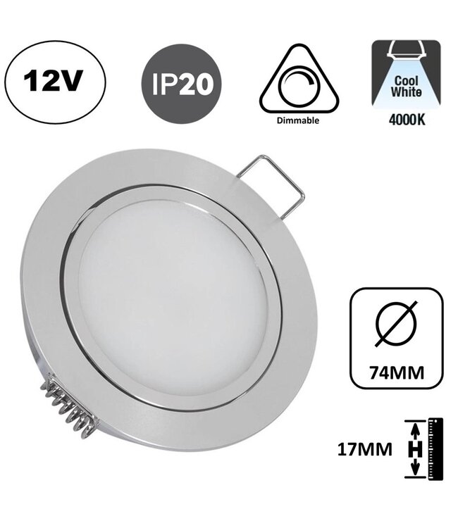 Meubel/Kast Inbouw LED Spot 3w, 250 Lumen, 12Vdc, Dimbaar, Gatmaat 67mm, Hoogte 17mm, 2 Jaar Garantie