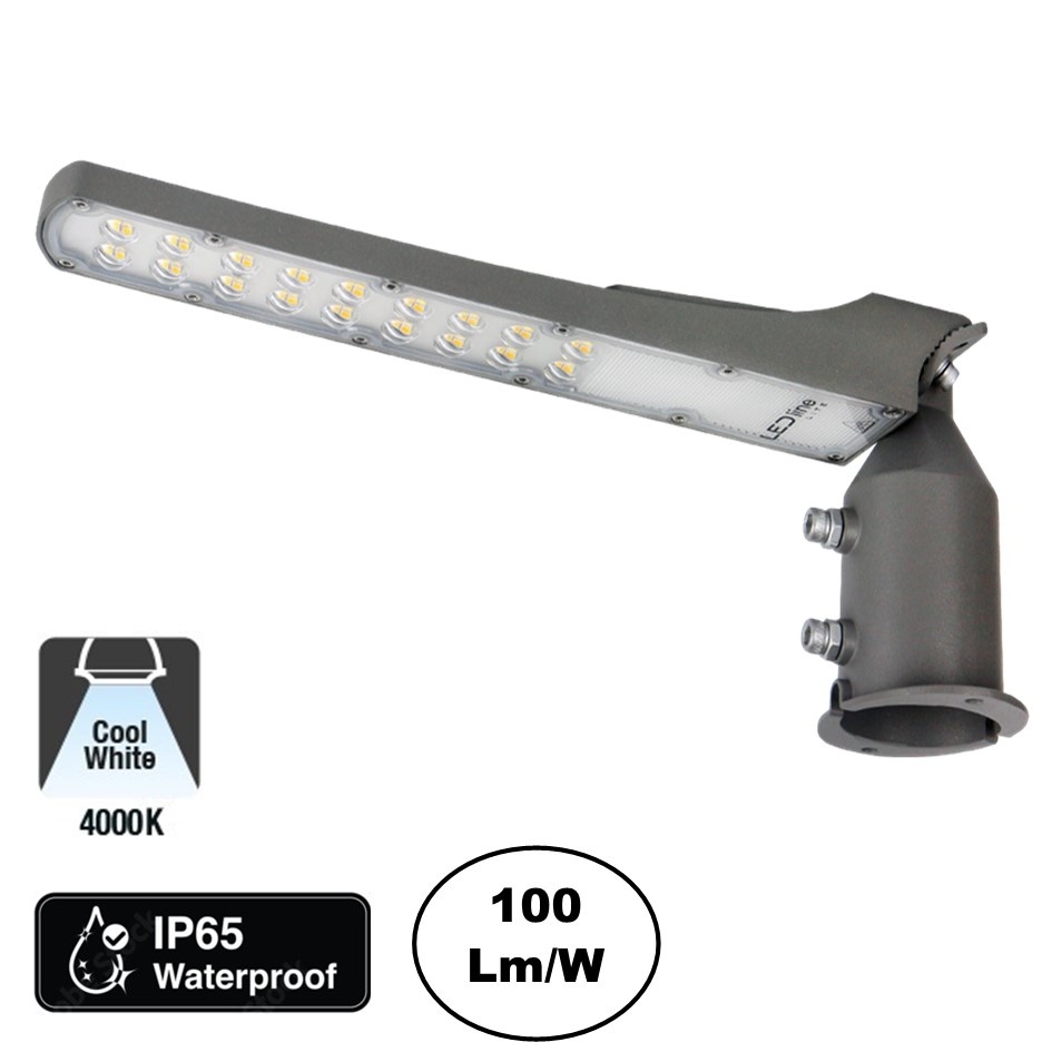 LED Straatlamp Flam 50w, 5000 Lumen, 4000K Neutraal Wit, IP65, Paal/Muurbevestiging, Grijze behuizing, 2 Jaar Garantie