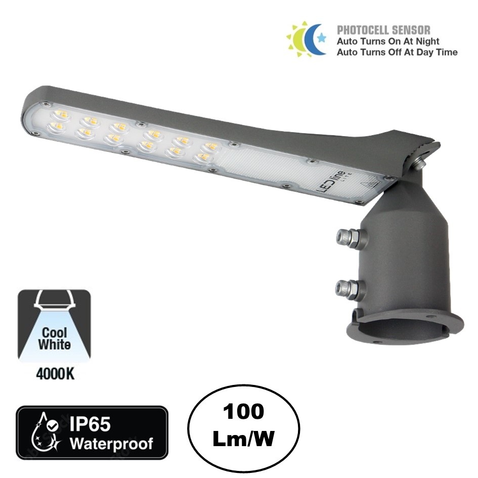 LED Straatlamp Flam 30w, Met Daglichtsensor, 3000 Lumen, 4000K Neutraal Wit, IP65, Paal/Muurbevestiging, Grijze behuizing, 2 Jaar Garantie