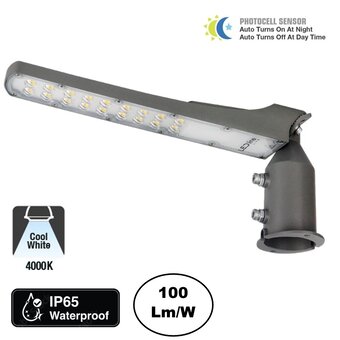 LED Straatlamp Flam 50w, Met Daglichtsensor, 5000 Lumen, 4000K Neutraal Wit, IP65, Paal/Muurbevestiging, Grijze behuizing, 2 Jaar Garantie