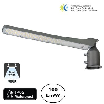 LED Straatlamp Flam 100w, Met Daglichtsensor, 10000 Lumen, 4000K Neutraal Wit, IP65, Paal/Muurbevestiging, Grijze behuizing, 2 Jaar Garantie