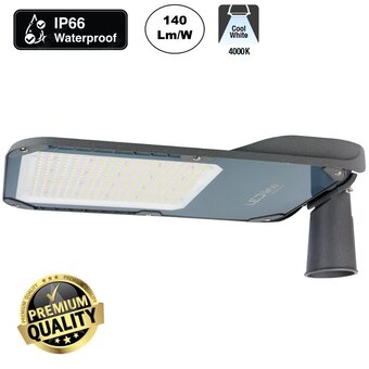 Prime Led Straatverlichting 200w, 28000 Lm (140lm/w), 4000K Neutraal Wit, IP66, IK08, 3 Jaar Garantie