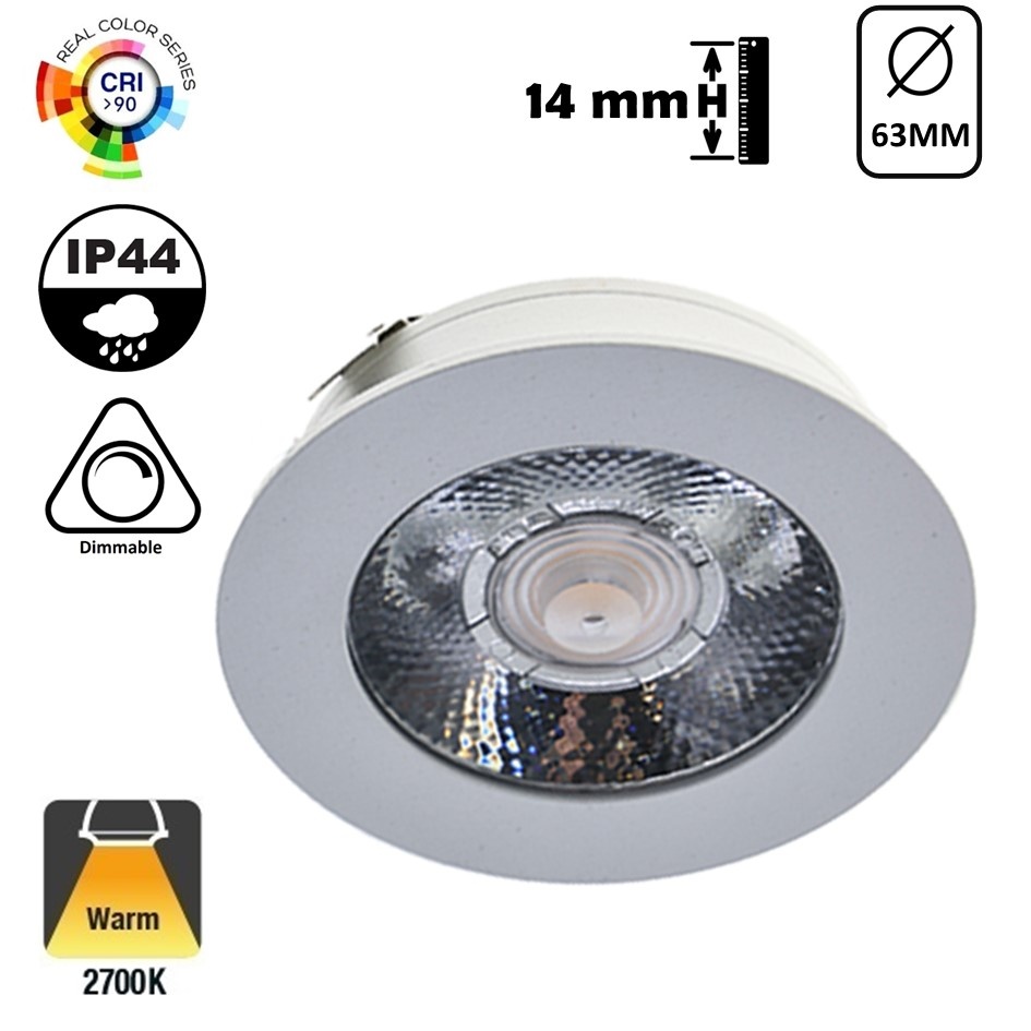 LED Meubelspot / Inbouw spot 3W, 2700K Warm Wit, 240 Lumen, 12VDC, IP44, Gatmaat 55mm, Witkleurig, 2 Jaar Garantie