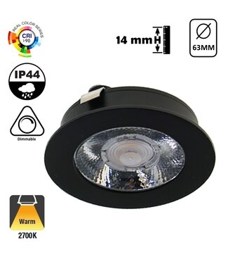 LED Meubelspot / Inbouw spot 3W, 2700K Warm Wit, 240 Lumen, 12VDC, IP44, Gatmaat 55mm, Zwartkleurig, 2 Jaar Garantie