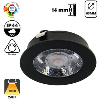 LED Meubelspot / Inbouw spot 3W, 2700K Warm Wit, 240 Lumen, 12VDC, IP44, Gatmaat 55mm, Zwartkleurig, 2 Jaar Garantie