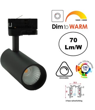 3 Fase Rail Spot Luxe Koker, 12w, 840 Lumen, Dim To Warm (3000K>1800K), Zwart Armatuur, 3 Jaar Garantie