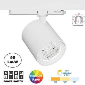 PRIME 3 Fase LED Rail Spot met Wattage switch: 6-20W,  CCT-Switch, 620 tot 1950 lumen, CRI>90, Witte Behuizing , 5 Jaar Garantie