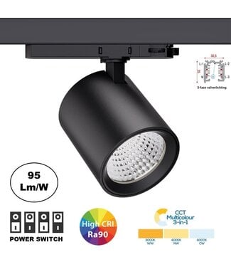 PRIME 3 Fase LED Rail Spot met Wattage switch: 6-20W,  CCT-Switch, 620 tot 1950 lumen, CRI>90, Zwarte Behuizing , 5 Jaar Garantie