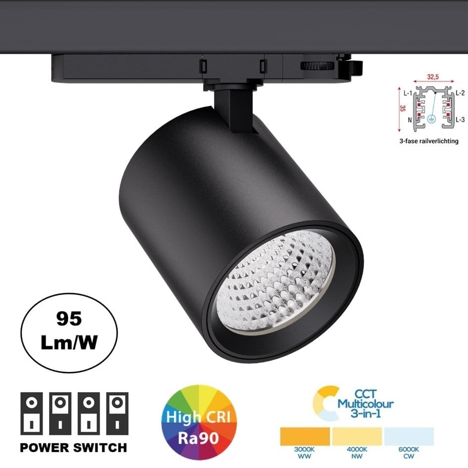 PRIME 3 Fase LED Rail Spot met Wattage switch: 12-42W, CCT-Switch, 1290 tot 4090 lumen, CRI>90, Zwarte Behuizing , 5 Jaar Garantie