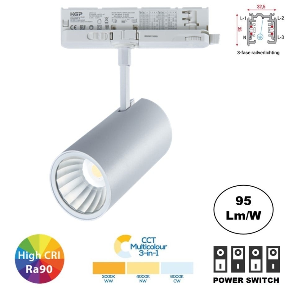 PRIME 3 Fase LED Rail Spot Koker met Wattage switch: 14-29W, CCT-Switch, 1240 tot 3195 lumen, CRI>90, Witte Behuizing , 5 Jaar Garantie