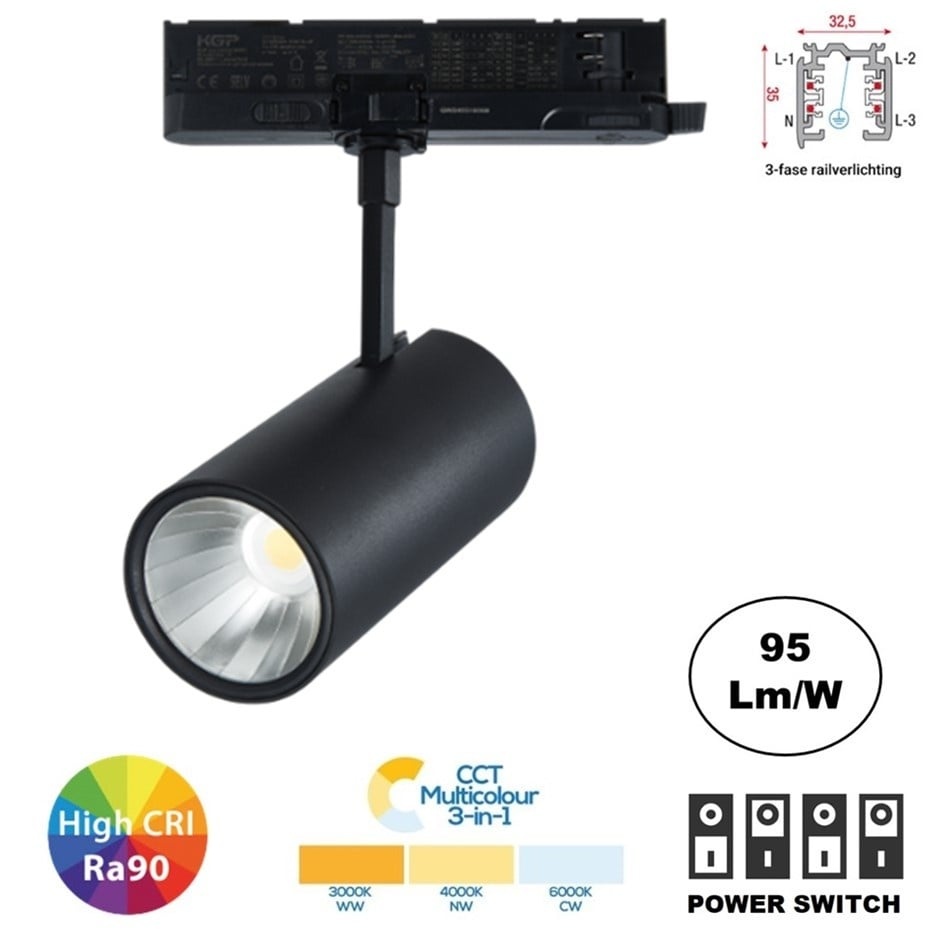 PRIME 3 Fase LED Rail Spot Koker met Wattage switch: 14-29W, CCT-Switch, 1240 tot 3195 lumen, CRI>90, Zwarte Behuizing , 5 Jaar Garantie