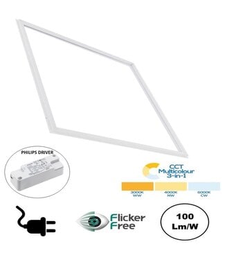 Frame LED Paneel 60x60cm, 32w, 3200 Lumen (100lm/w), Color Switch (3000/4000/6000K), Flikkervrije Philips LED Driver, Stekkerklaar, 3 / 5 Jaar Garantie