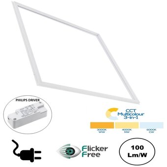 Frame LED Paneel 60x60cm, 32w, 3200 Lumen (100lm/w), Color Switch (3000/4000/6000K), Flikkervrije Philips LED Driver, Stekkerklaar, 3 / 5 Jaar Garantie