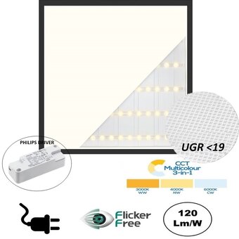 Back-lit UGR19 LED Paneel 60x60cm ZWART, 32w, 3800 Lumen (120lm/w), Color Switch (3000/4000/6000K), Flikkervrije Philips LED Driver, Stekkerklaar, 3 Jaar Garantie